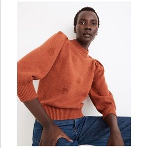 Madewell Dotted Puff-Sleeve Pullover Sweater in Cotton Merino Yarn Orange
